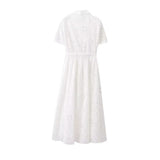 New Fashion Collar Short Sleeves Pure White Embroidered Shirt Dress Women