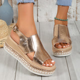 And Summer New Large-Size Hollow Fish Mouth Heel Sandals Women's Pine Cake Silver Bright Buckle Flat Women's