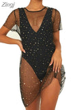 Women Sexy Swimwear Bikini Cover Ups Beachwear Sequined Sparky Mesh Sheer Dress See Through Stars Bathing Suit Swimwear