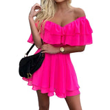 Spot 2025 Summer New One-Word Shoulder Sleeveless Flounce Sexy Mini Chiffon