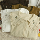 Flowers Embroidery Peter Pan Collar Blouses Women Autumn Japanese Sweet Ruffled Long Sleeve Corduroy Shirt Female