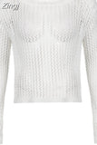 Beach Vacation White Hollow Out Smock Tops Long Sleeve Sexy T-shirts Women Pullover Fashion Knitted Crochet