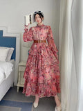 Collar Mesh Long-Sleeved Lotus Leaf-Side Print Waist-Ponded Tidal Dress Women's Spring And Autumn Lantern Cuff Cake