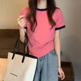 Zingj Female 2024 New Summer Design Sense Contrast Color T-Shirt Fashion Chic Irregular Short Student