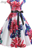 Women Summer Vintage Dress Robe Femme Short Sleeve Floral Print O-Neck Big Swing Elegant Party Sundress Black