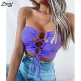 Women Summer Tube Tops Solid Color Front Tie-Up Strapless Cropped Tops Slim Fit Backless Camis Tops