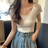 Zingj Color Casual Versatile Short-Sleeved T-Shirt Women With A Bottom Shirt 2024 Summer Slim U-Collar Student Jacket Ins