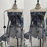 Old-Fashioned Green Shoulder Horn Sleeve Blouse Dye Net Yarn Lace Draw Rope Short T-Shirt