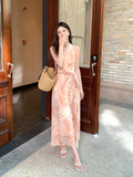 Xixi 2025 Summer New Korean Version Of High-Waisted Holiday With Dress V-Neck Print Pure Desire Skirt