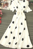 Polka Dot Midi Dress Summer 2023 Sexy V-neck Flare Sleeve Casual Vestidos Verano Elegant Blue/White Sashes Dresses