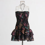 Holiday Style Slim Hanging Neck Bag Hip Dress 2025 Summer New Design Printing Folds Short Dress