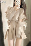 Vintage Sweet V-neck Wool Sweater and Pleated Mini Skirt Folds Two Piece Sets Womens Festival Outifits Winter 2023