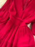 Vintage Women Pleated Long Dress Elegant V-Neck Puff Short Sleeve High Waist A-Line Ruffle Draped Big Swing Maxi Robe