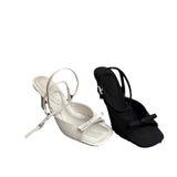 New Square Head Wrist Tripped Silver Silk And Satin Bow High Heel Cool Slippers Fine Heeled Female