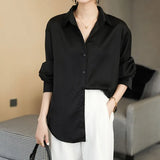Fashion Button Up Satin Silk Shirt Vintage Blouse Casual Loose Button Up Down Shirts Tops Lady Long Sleeve Female