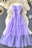 Women Sexy Mesh Spaghetti Strap Long Dress Summer Orange/Purple/Blue/Pink Ruffle A-Line Beach Robe Female Elegant Party