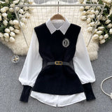 Zingj Style Advanced Sense Light Luxury Socialite Suit Female Autumn And Winter Pure Color Loose Long-Sleeved Shirt Sleeveless Knit
