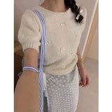Chic Spring And Summer Little Bow Bow Short-Sleeved Collar Knitted Jersey Girl Spring Sweet Soft Foam Bubble Sleeve