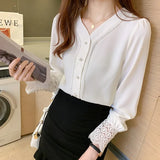Women Blouses Shirts Women Long Sleeve White Shirt Woman Chiffon Blouse Shirt Woman V Neck Lace Embroidery Blouses