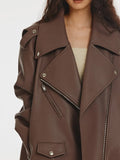 Spring Autumn Cool Oversized Soft Brown Pu Leather Biker Jacket Women Loose Chic Luxury Designer Unisex Clothes