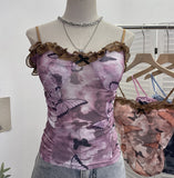 Real-Shooting Lace Bow Repair Body Tie-Dye-Print Mesh Hottie Pure Desire Sling Vest With Chest Cushion Top