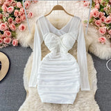 Sexy Draped Bodycon Mini Dress Women Blue/White/Khaki Twist Mesh Long Sleeve Club Party Vestidos Ladies 2023 New