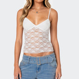 Zingj Women's Wear Summer 2024 New Sexy Hot Girl V Collar Lace Perspective Slim Bottom Sling