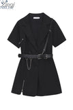 Women Gothic Punk Black Blazer Dress Short Sleeve 2023 Summer High Waist With Belt Streetwear Fashion Harajuku Goth Dress