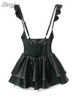Sexy Women PU Leather Dress Bodycon Midi Office Dress Retro Black Club Party Dresses Vestidos Suspenders Pleated Dress