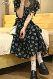 Black Square Collar Bandage Puff Sleeve Print Chiffon Midi Maxi Dresses for Women Party Dress Korea Clothing Summer