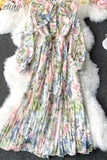 Autumn Bohemian Floral Pleated Long Dress Women Elegant Bow Collar Puff Sleeve Draped Chiffon Vestidos Female Party