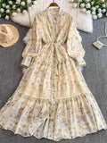 Retro Court Wind Hollow Lace Splicing Lantern Sleeve Collection Waist Single Buckle Print Dress 2025 Spring