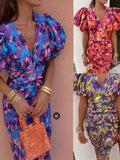 New Print V-Neck Tight-Body Bag Toss-Waist Short-Sleeved Women's