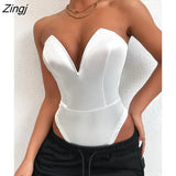 V Neck Strapless Bodysuits Sleeveless Sexy Slim Bodycon Jumpsuit 2021 Fashion Elegant Crotch Basic White Overalls