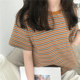 Zingj 2024 New Striped Short-Sleeved T-Shirt Korean Version Bottom Shirt Women's Student Top Women's