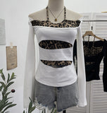 Shooting With Hanging Neck Leopard Print Splicing Two Long-Sleeved Tops A Short Shoulder Bottom T-Shirt