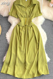 Vintage Women Midi Dress Elegant Pink/Orange/Green Polo Collar Short Sleeve High Waist A-Line Vestidos Female New