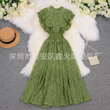 Zingj Retro Round Collar Lace Pressure Pleated Skirt Temperament Goddess Fan Xia New Style Waist Lotus Edge Show Thin