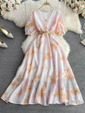Women Printed Chiffon Dress Elegant V-Neck Short Puff Sleeve High Waist A-Line Vintage Vestidos With Sashes New