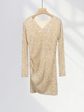 Zingj Lined Elegant French V Collar Sequin Wrapped Hip Skirt Slim Pleated Long Sleeve Skirt Gold Wind Velvet