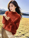 Sweater Women In Autumn And Winter Under The Bottom Of The Blouse Lazy Style Design Sense Retro Half-High Collar Red