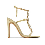 New Heavy Industry Gold Diamond Gemstones And Water Drills And Exposed Sandals Women's Summer High