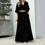 Women's V-Neck Lantern Sleeve Long Sleeve Short Top Broad Leg Trousers Fashion Suit Women's