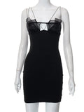 Mesh Patchwork Push Up Women Dress Elegant Party Wear 2023 Sleeveless Strap Black Solid Color Short Mini Pencil