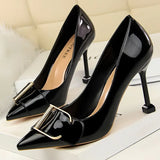 Shoes Metal Button Woman Pumps Patent Leather High Heels Luxurious Sexy Party Shoes Stiletto Heels Ladies Large Size