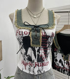 Shooting Hottie Hairy Denim Spliced Printed Vest With Bows Short Sleeveless Top