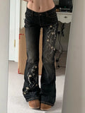 West Of The Cowboy Wind Plant Flowers Embroidered Low-Waisted Trousers Hottie Water Wash Old Leisure