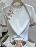 Chinese Style Embroidered Buckle Short-Sleeved T-Shirt Women 2025 Summer New Simple Jafuse Thin