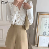 Women Office Ladies Trendy All-match Folds Solid Elegant Simple Casual Spring Korean Slim Retro Chic New Design