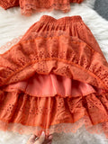 Women Hollow Out Lace Two Piece Set Orange/Purple/White Slash Neck Puff Sleeve Tops + High Waist Ruffle Skirt Beach